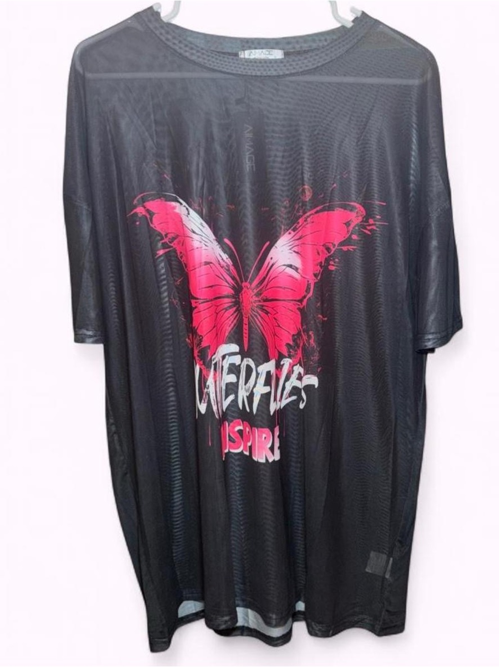 AIMAGE Black Sheer Mesh Coverup with Pink Butterfly Graphic
